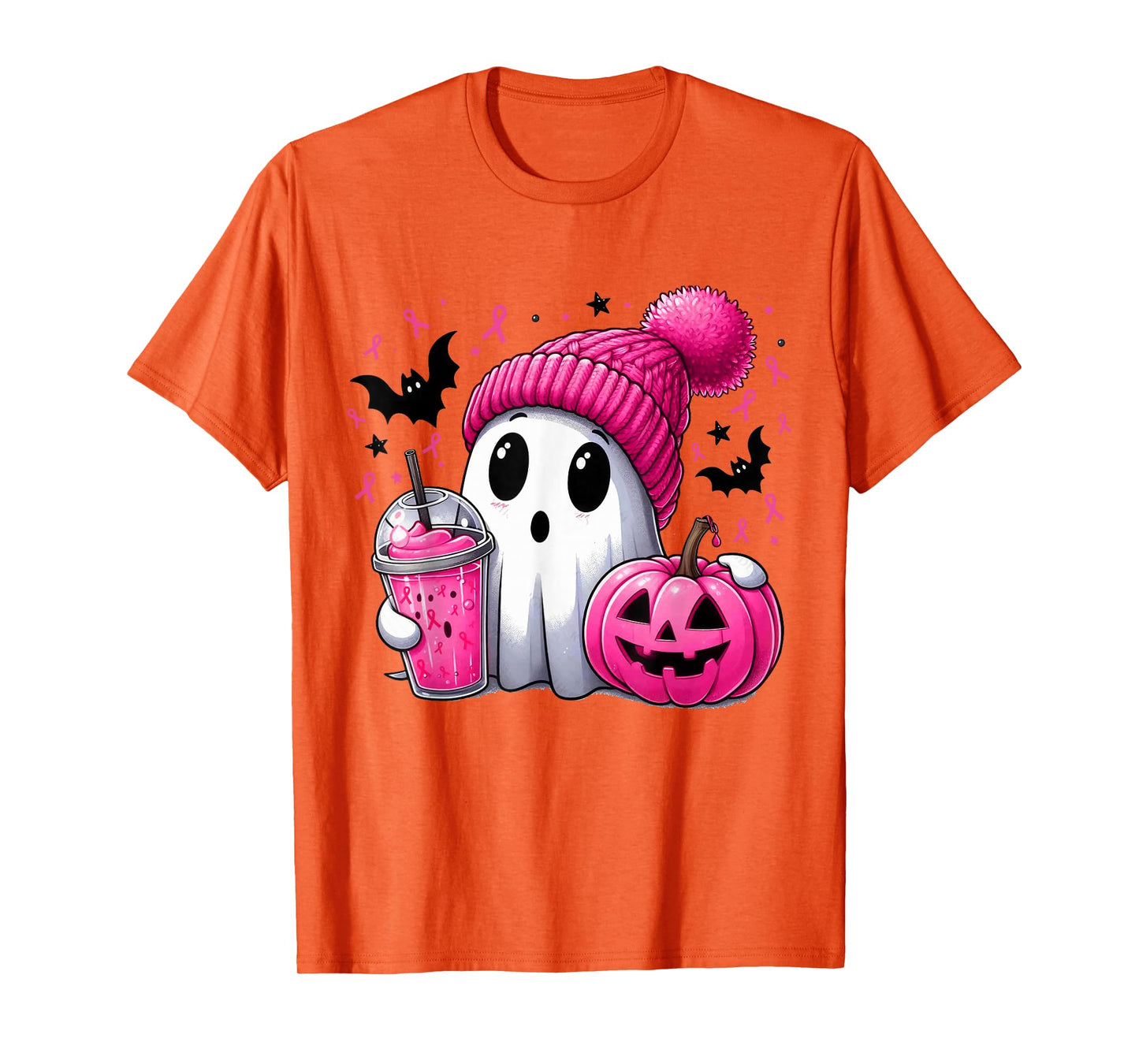 in October We Wear Pink Spooky Ghost Halloween Breast Cancer T-Shirt