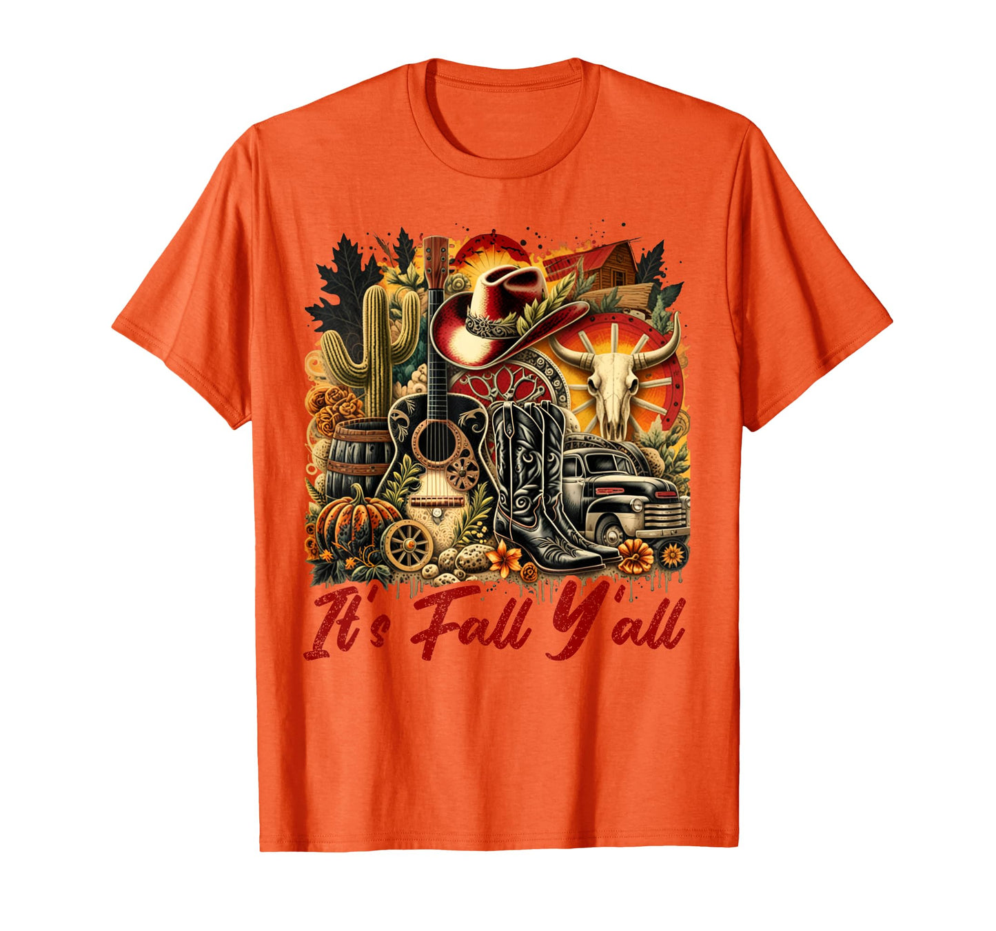 Its Fall Yall Cowgirl Boots Guitar Pumpkin Autumn Harvest T-Shirt