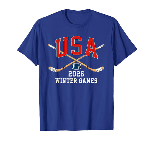 Ice Hockey 2026 Sticks US Flag Patriotic Player Men Boys Kid T-Shirt - T-Shirt | Royal