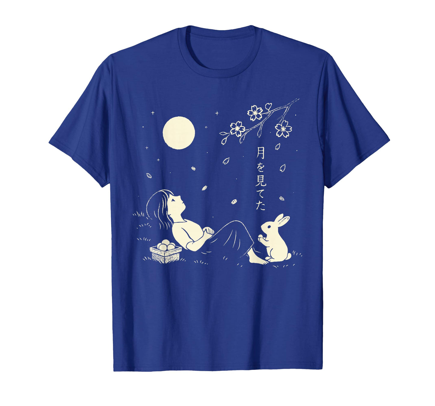 Girl & Rabbit Full Moon Cherry Blossom Japanese Harajuku T-Shirt