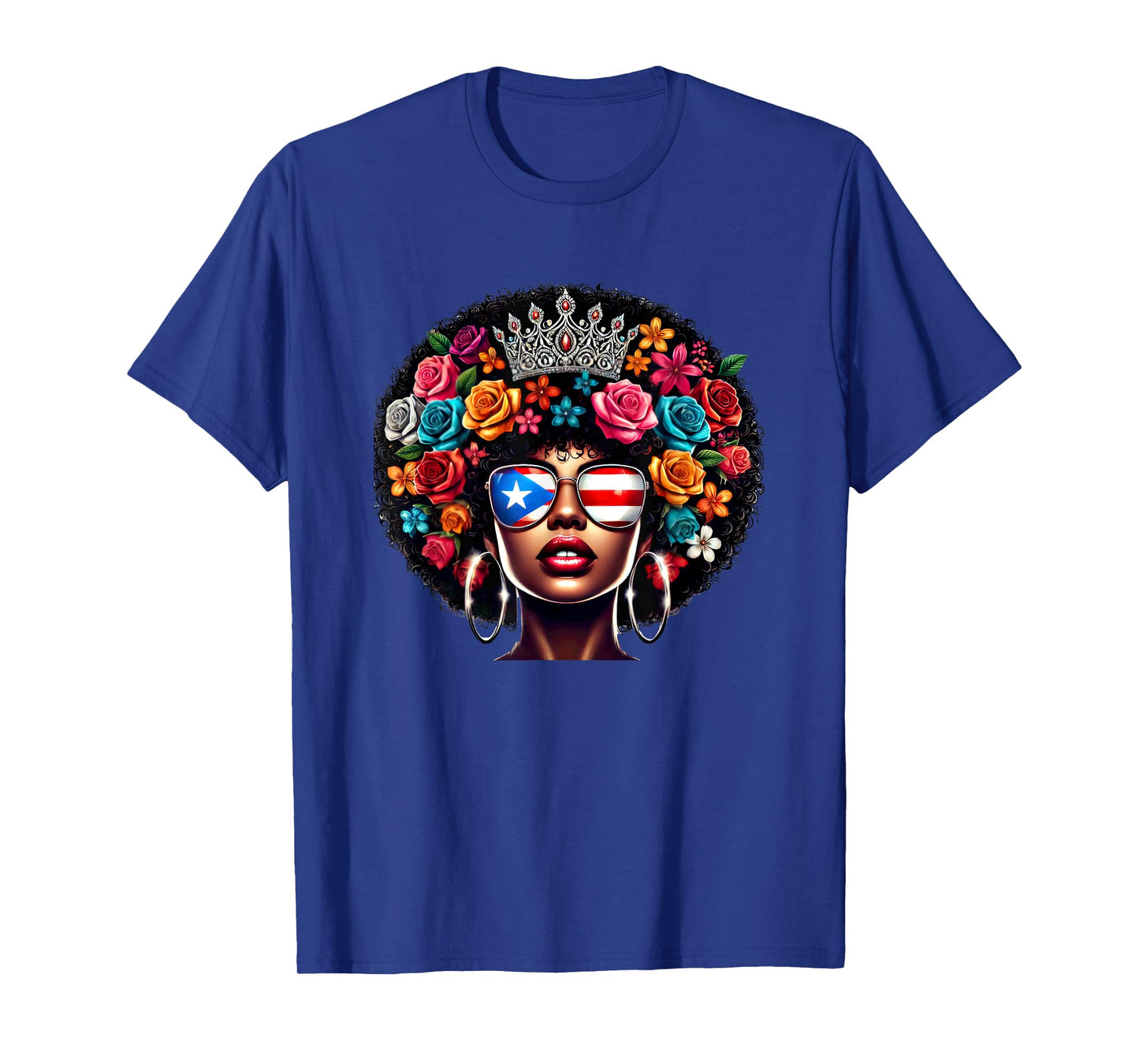 Afro Boricua Queen Crown Flowers Sunglasses Puerto Rico Flag T-Shirt
