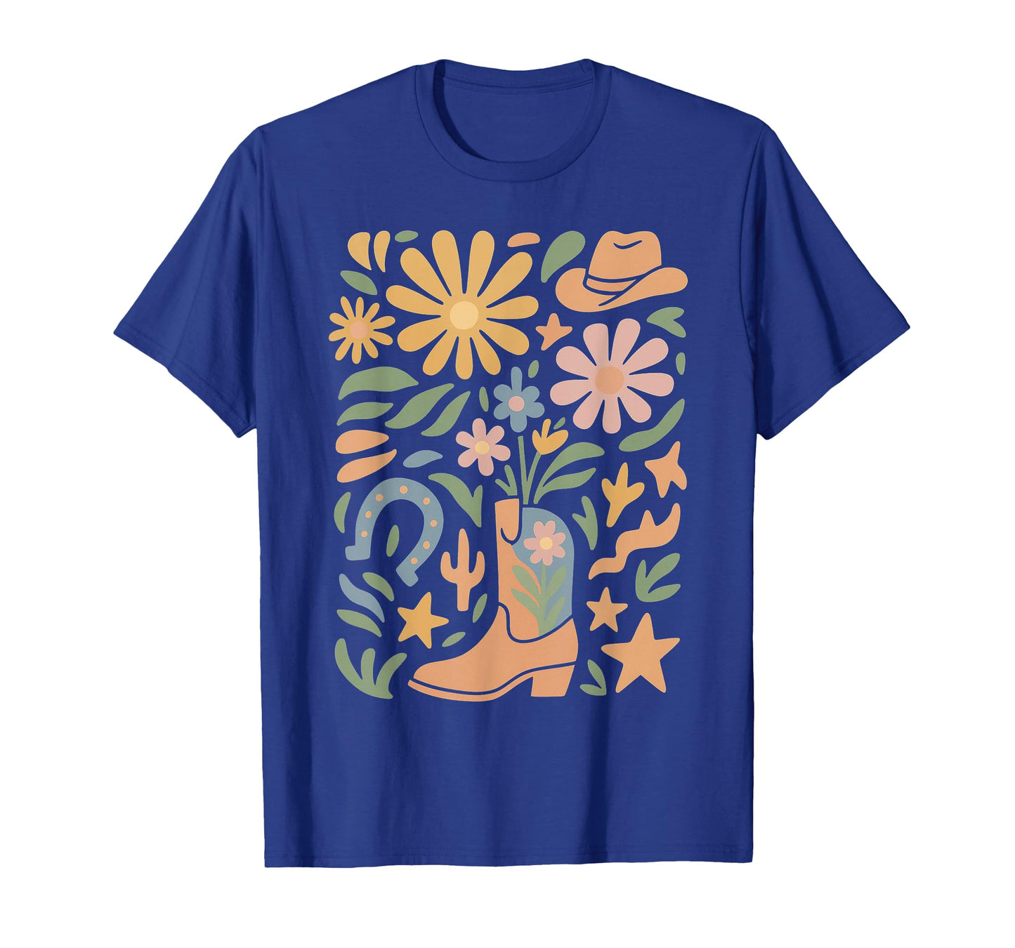 Boho Flowers Cowgirl Pink Boots Cow Skull Western Country T-Shirt