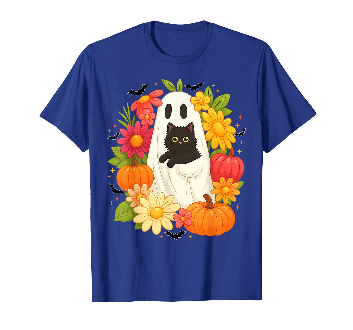 Vintage Boo Halloween Ghost Floral Black Cat Groovy Women T-Shirt
