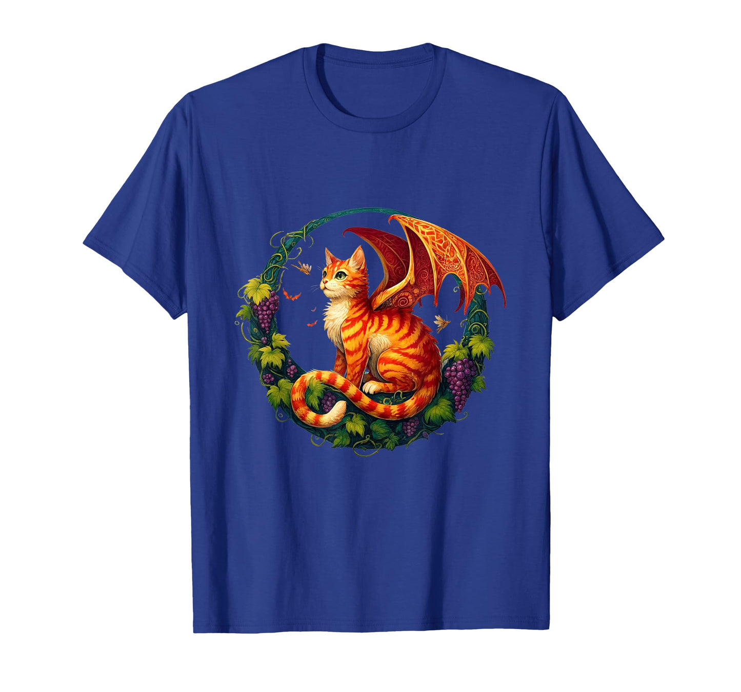 Retro Mystical Orange Tabby Dragon Cat Fae With Grapevines Men Women Kids T-Shirt