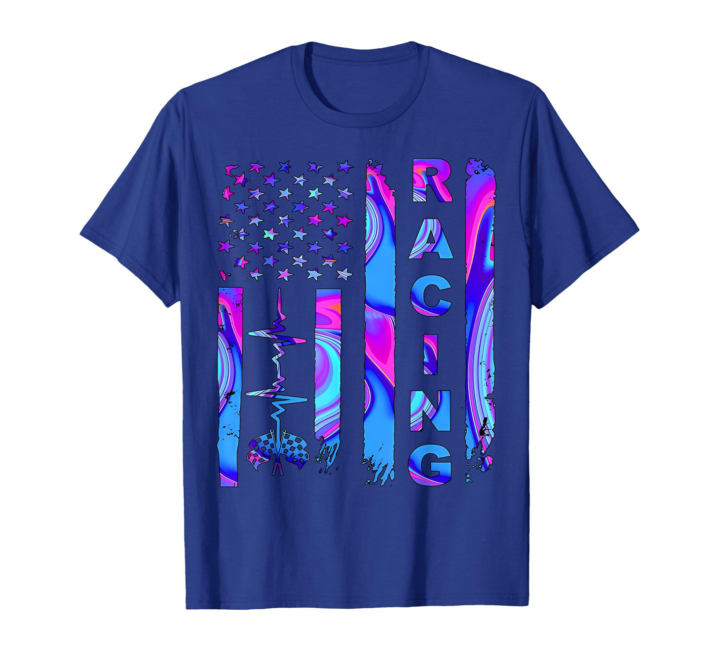 Tie Dye Heartbeat Checkered Flag Racing Patriotic Race Life T-Shirt for Women Men