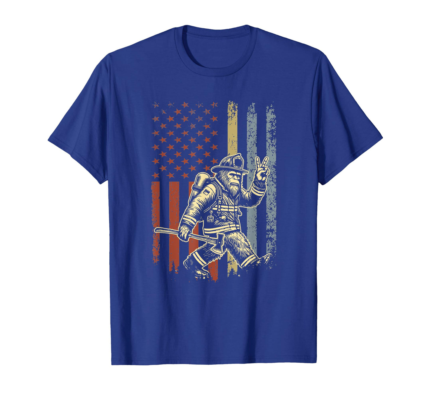 Retro American Flag Bigfoot Firefighter Sasquatch Fireman T-Shirt