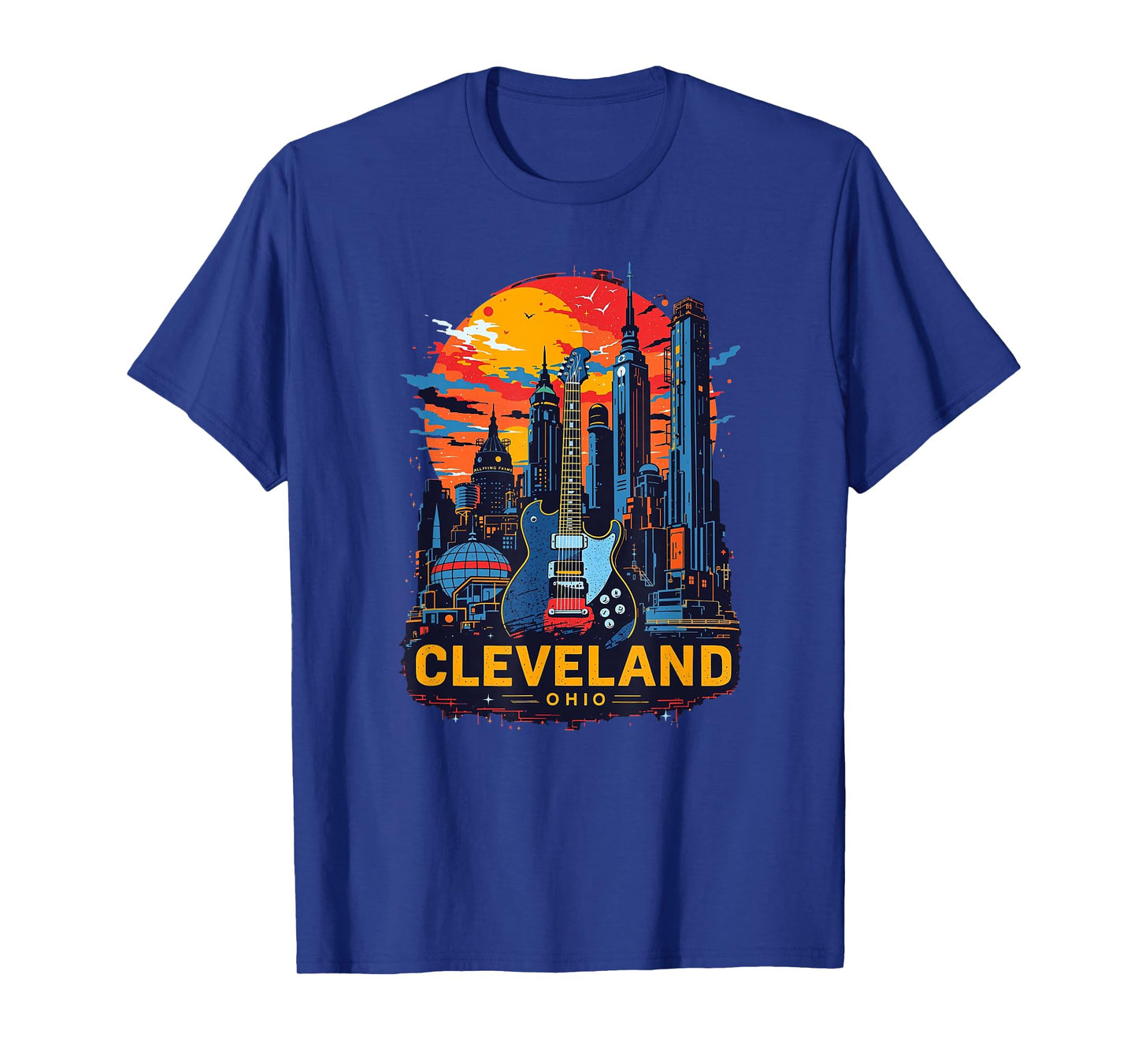 Vintage Cleveland Ohio Guitar Skyline Cityscape T-Shirt