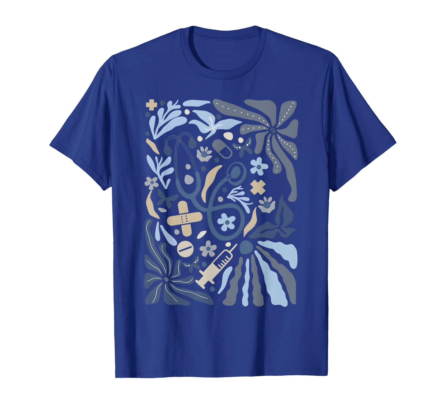 Boho Floral Nurse Vintage Botanical Blue Flowers Stethoscope T-Shirt