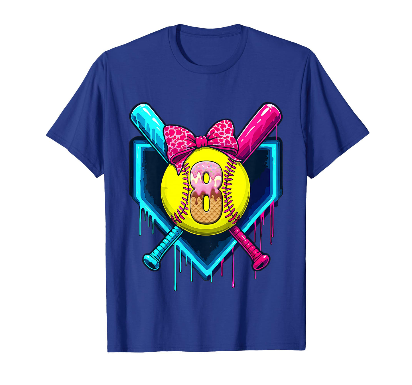 Softball 8 Years Old Ice Cream Drip 8th Birthday Girl T-Shirt