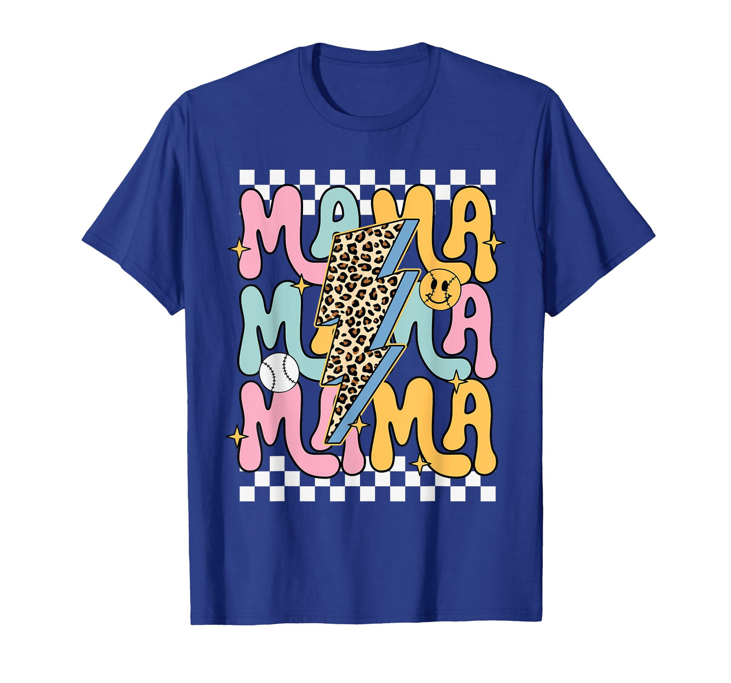 Retro MAMA Leopard Lightning Bolt Baseball Softball Smile T-Shirt