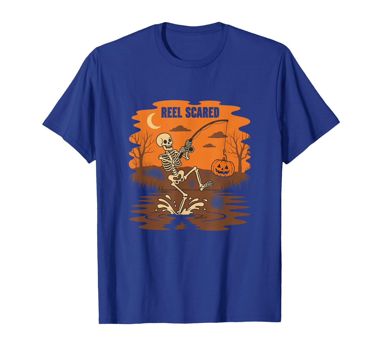 Reel Scared Skeleton Fishing Halloween Pumpkin Lake T-Shirt
