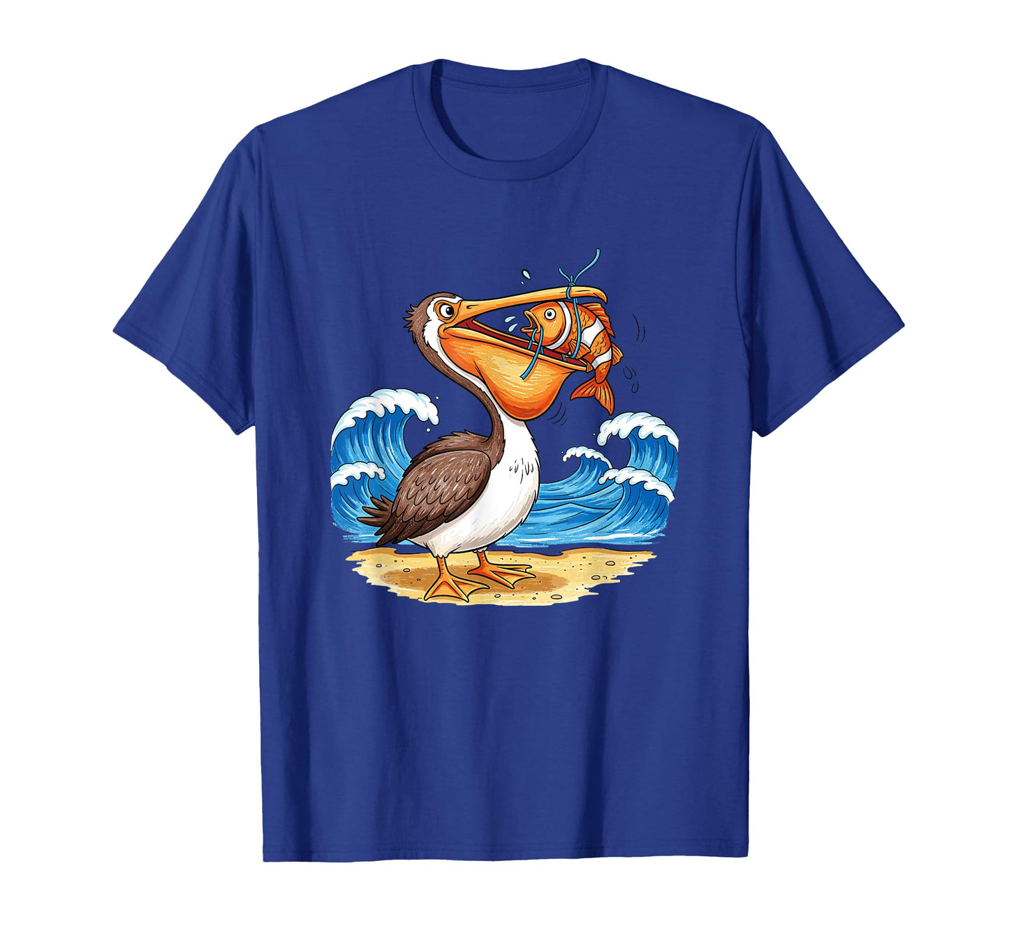 Pelican Catching Fish Beach Waves Scene T-Shirt
