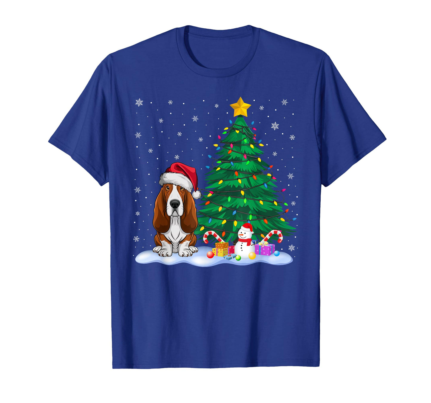 Basset Hound Dog Xmas Tree Lights Reindeer Hat Christmas T-Shirt for Men Women Kids