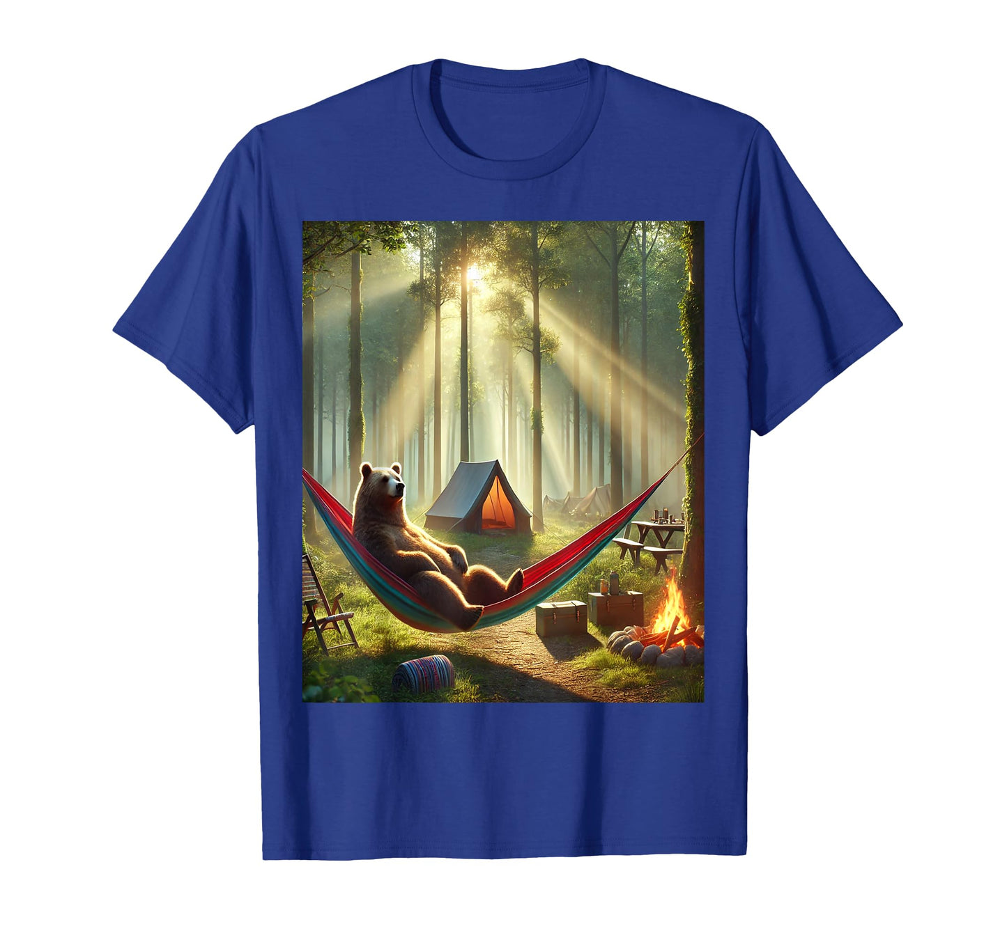 Nature Camping Bear - Relaxed Hammock and Tent Forest Scene T-Shirt