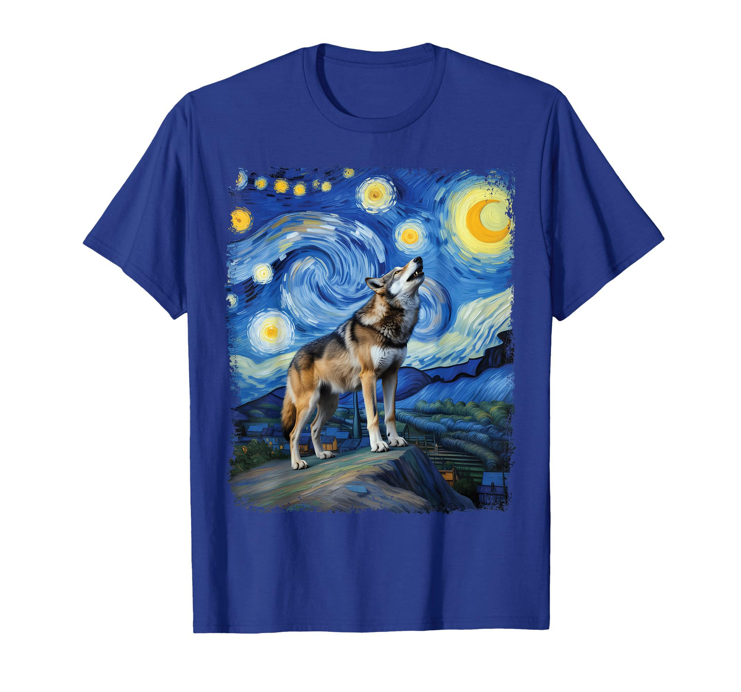 Wolf Starry Night Howling Moon Wildlife Painting T-Shirt