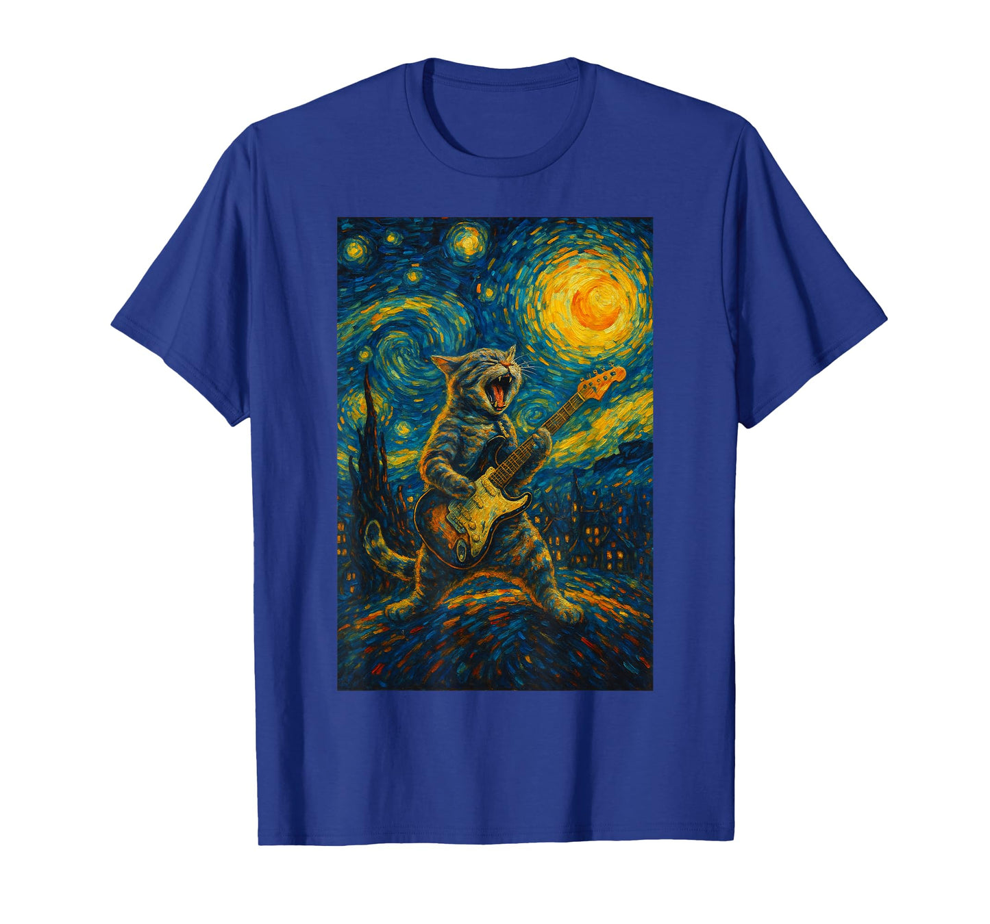 Cat Playing Guitar Rock Star Rock and Roll Cat Lover Art T-Shirt