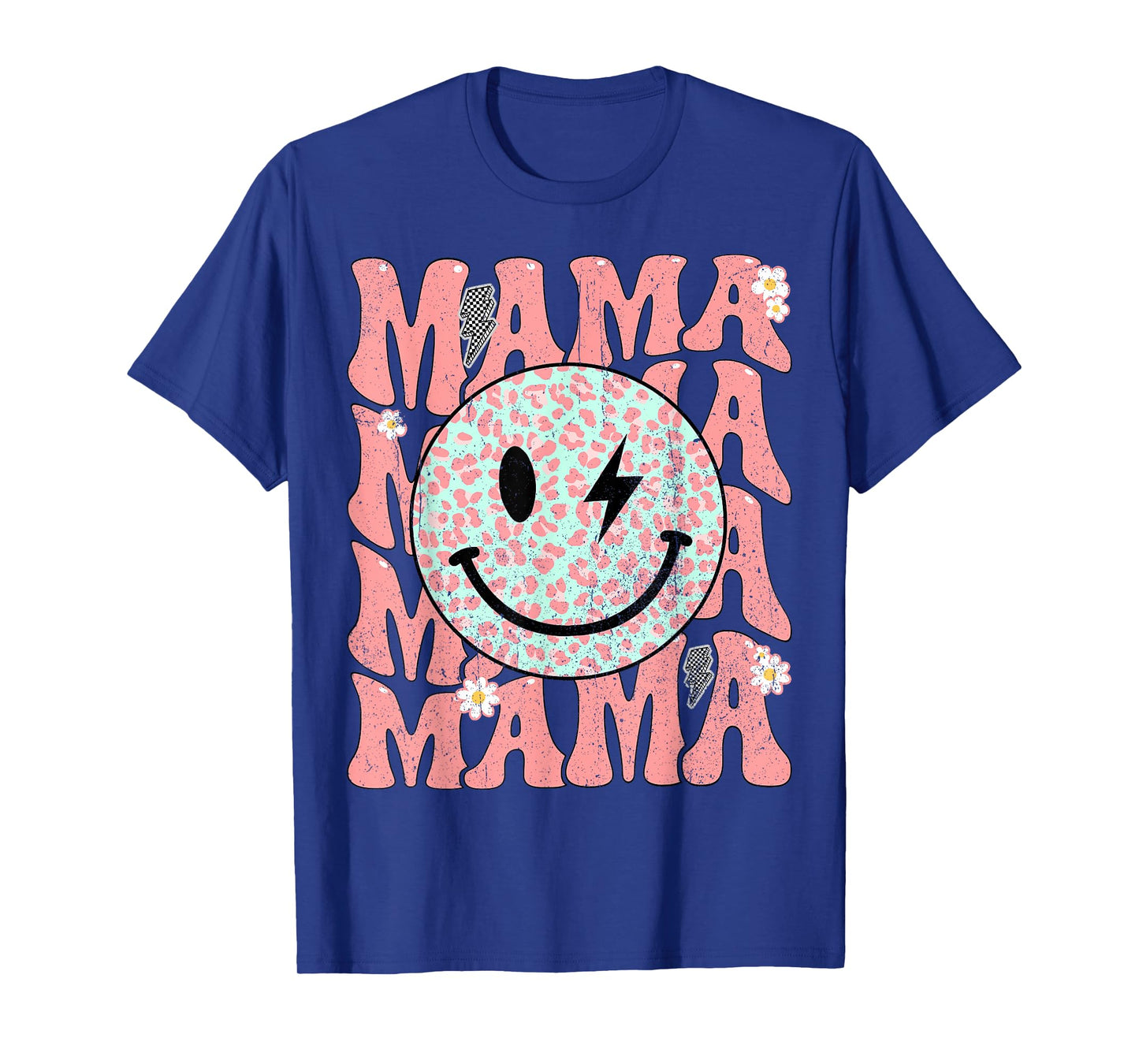 Groovy Mama Smile Face Leopard Bolt Lightning Retro Mom Life T-Shirt