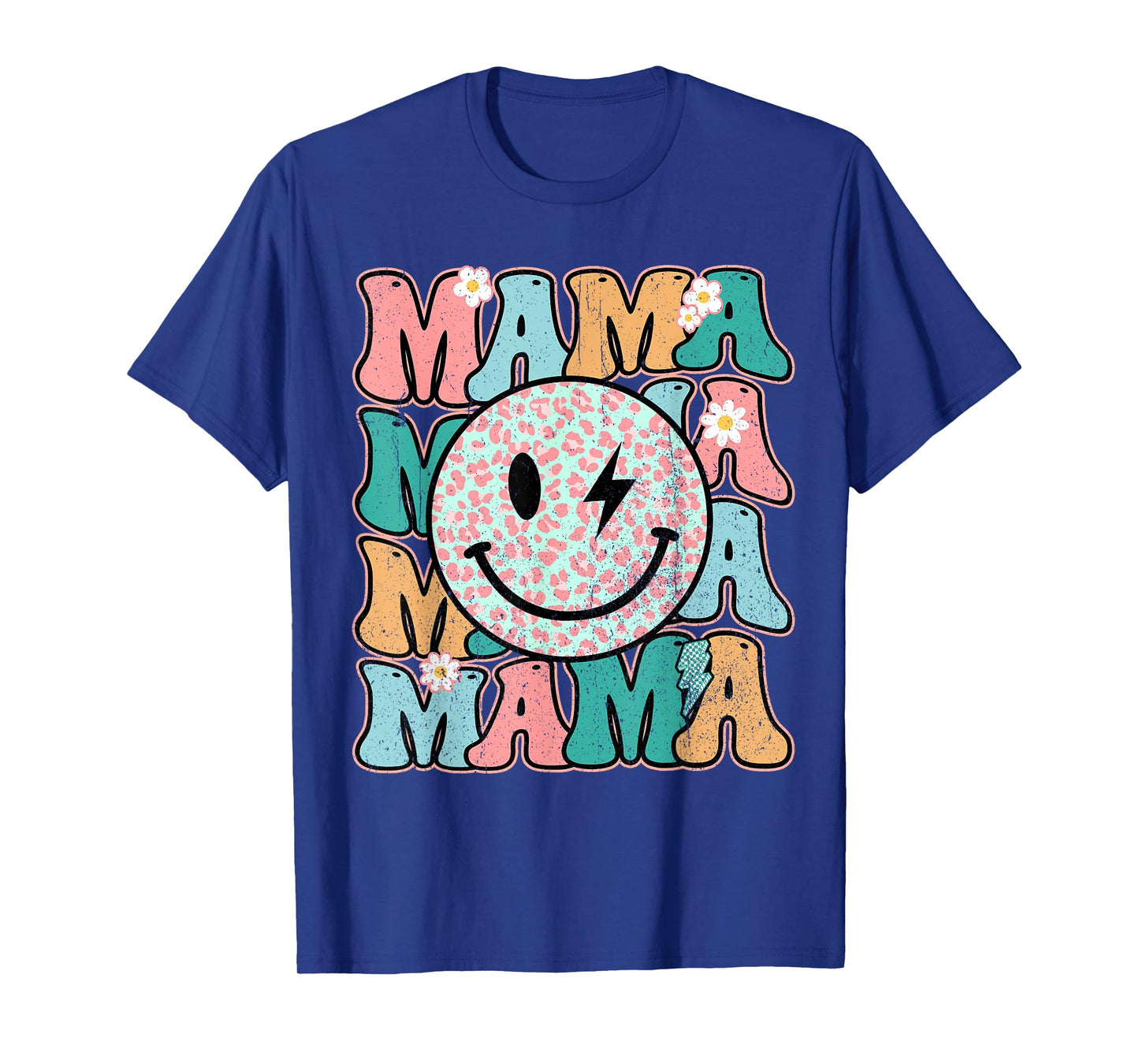 Checkered Mama Smile Face Bolt Lightning Groovy Mother's Day T-Shirt