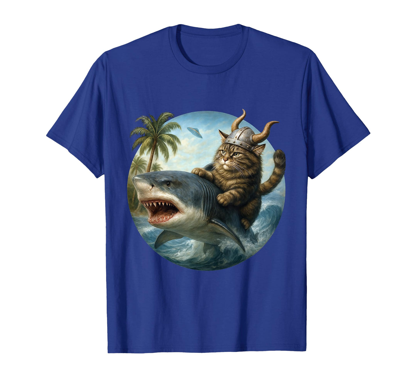 Epic Viking Cat Surfing Shark Quirky Cat Ocean Adventure Art T-Shirt