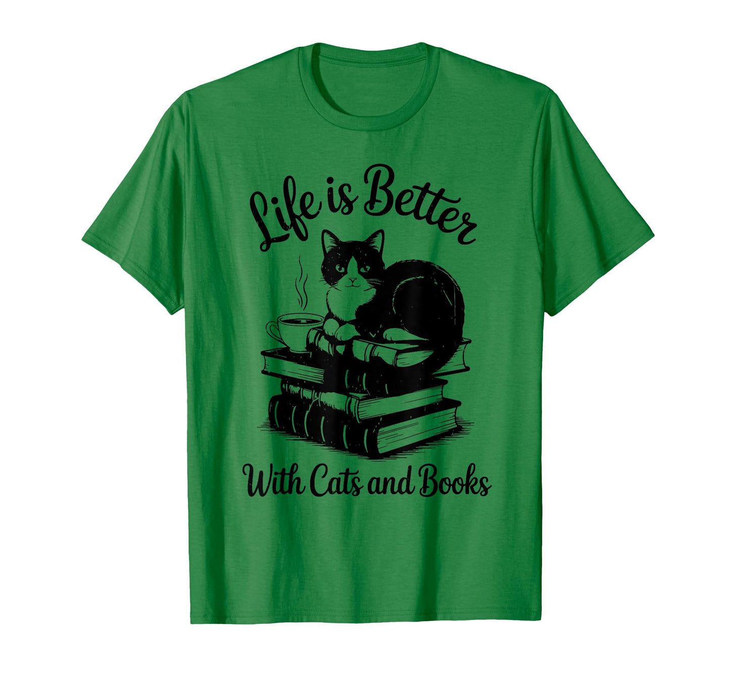 Life is Better with Cats & Books Funny Tuxedo Cat Mom Women T-Shirt
