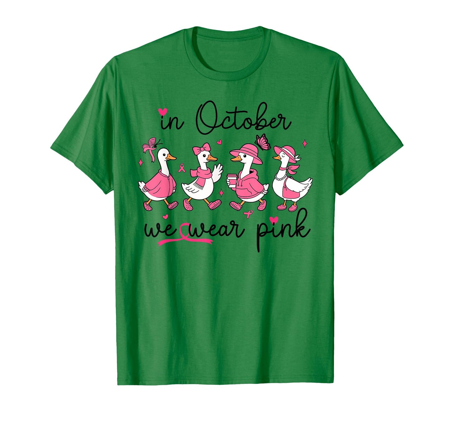 in October We Wear Pink Breast Cancer Awareness Goose Bow T-Shirt