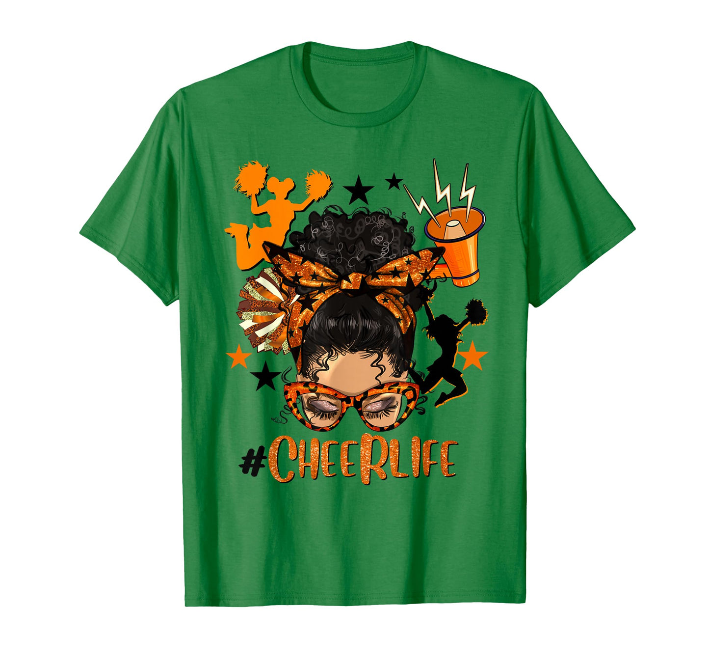 Cheer Life Messy Bun Brunette Orange Black Cheerleading Team T-Shirt