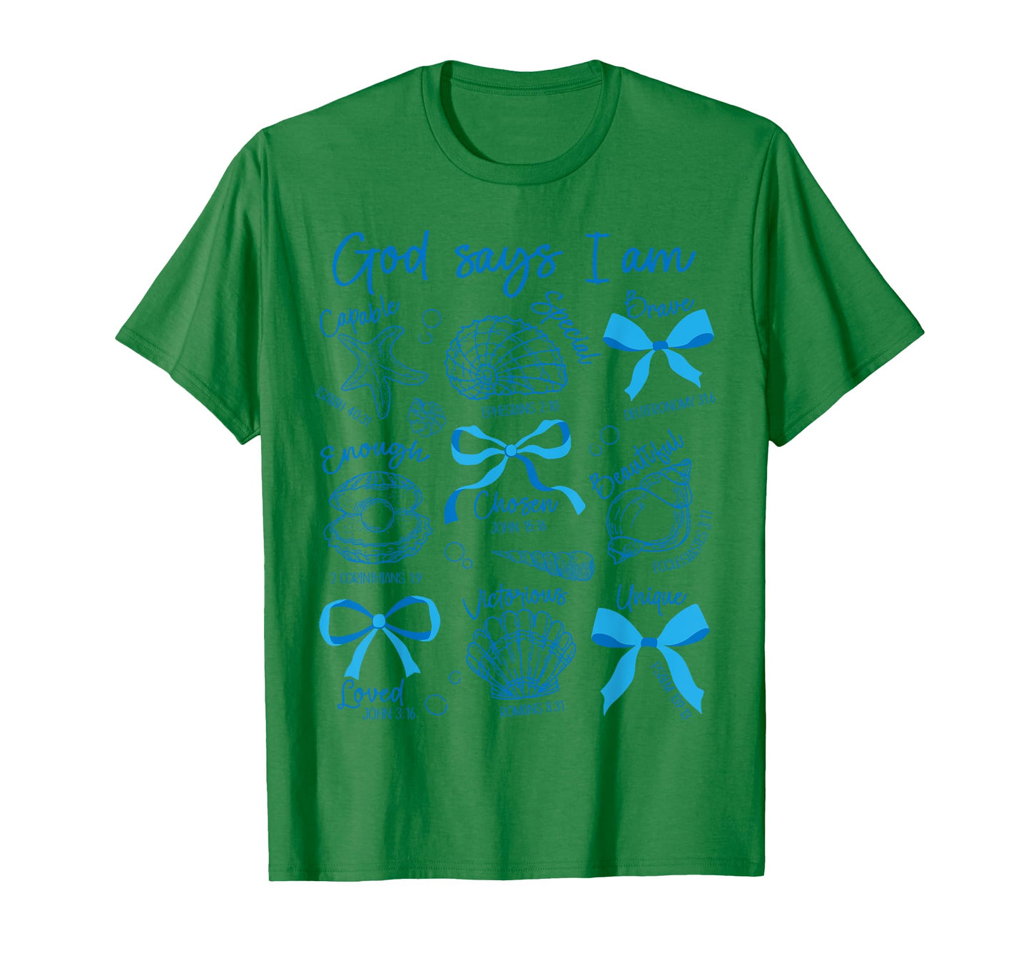 God Says I Am Seashell Starfish Ocean Coquette Bow Christian T-Shirt