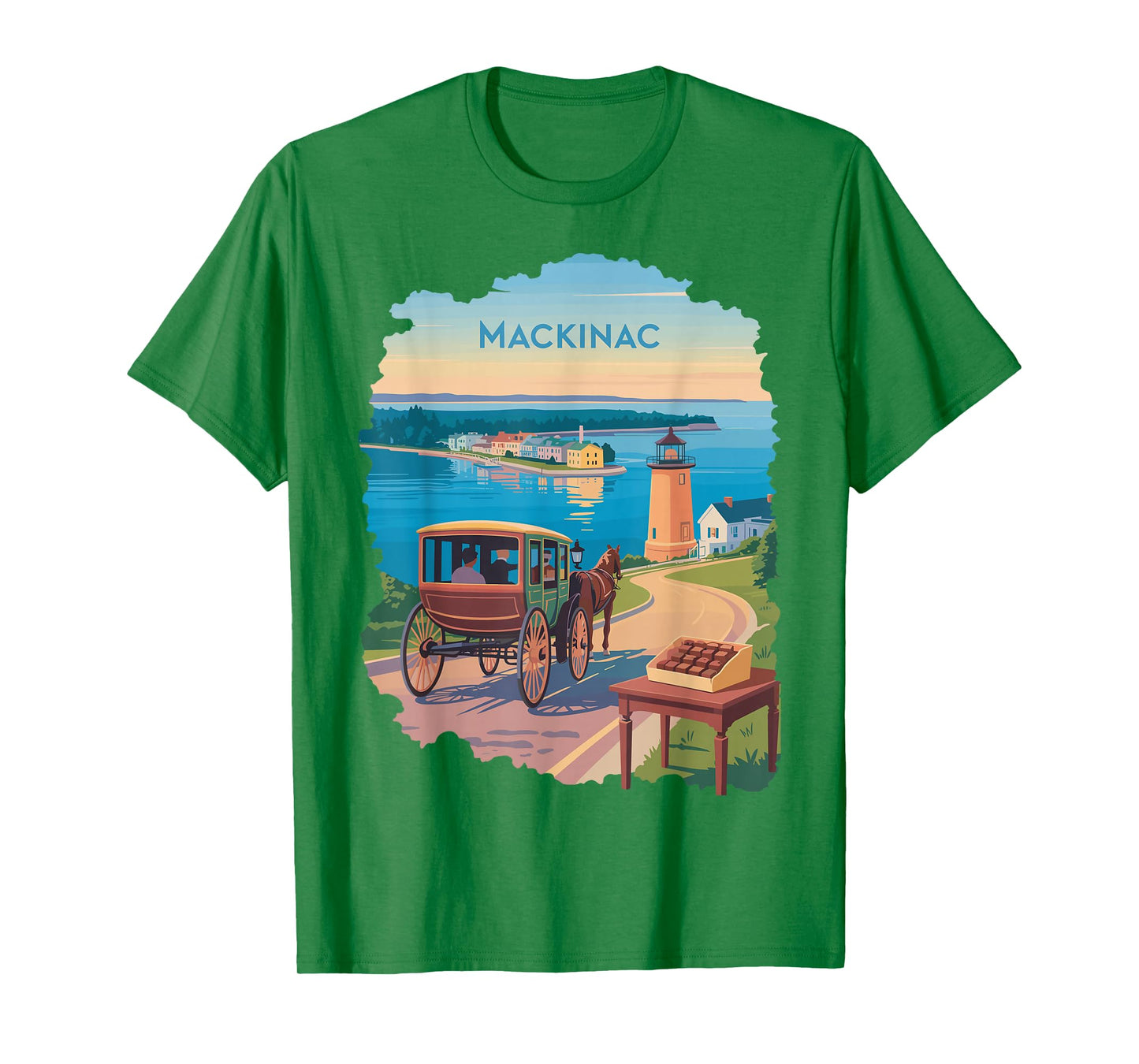 Mackinac Island carriage bridge lakeview vintage ferry scene T-Shirt