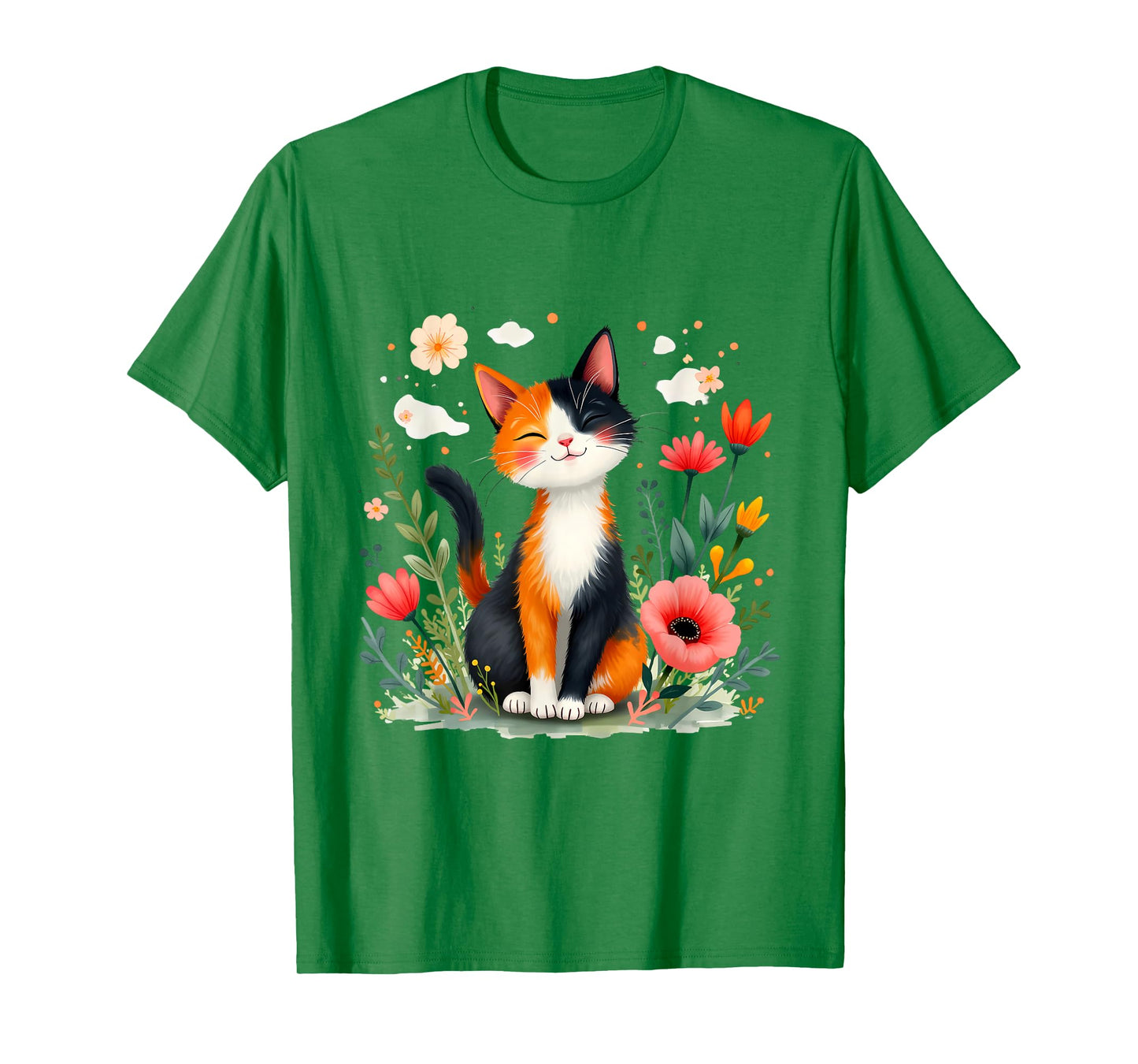 Smiling Calico Cat Cute Floral Kitten Cartoon Kitty Outdoors T-Shirt