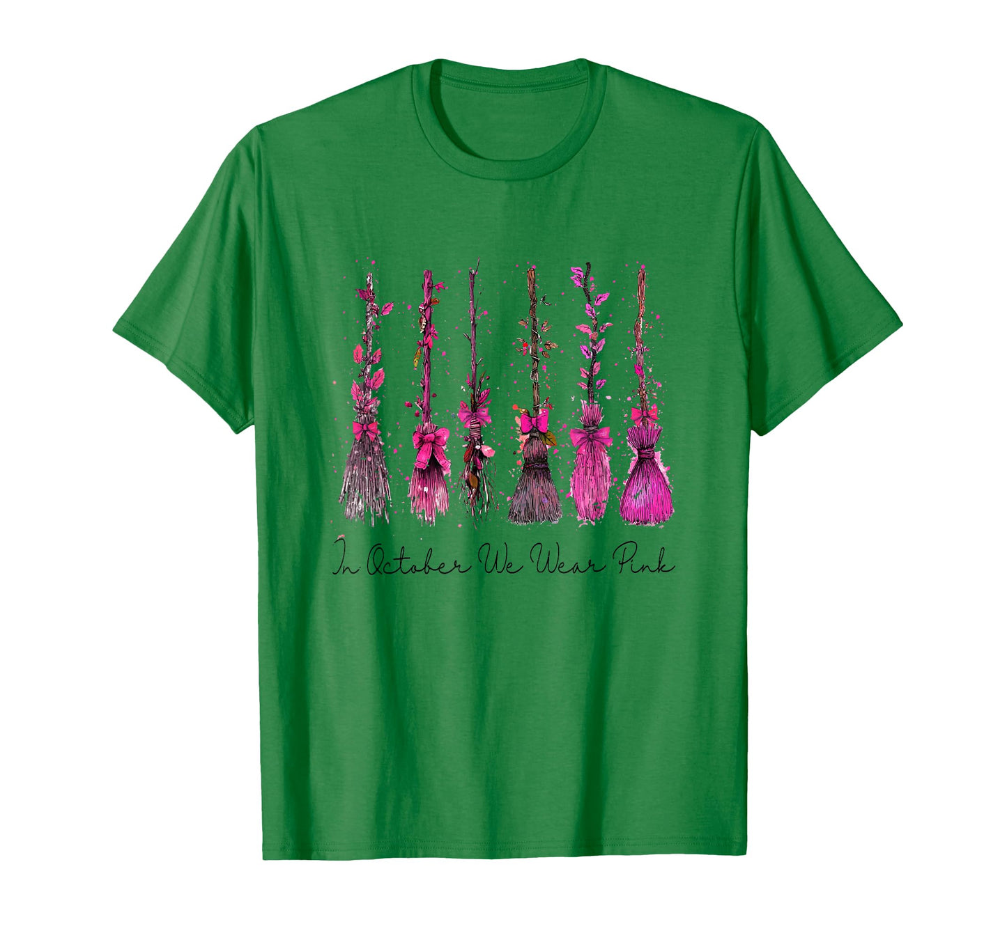 in October We Wear Pink Witches Brooms Spooky Breast Cancer T-Shirt