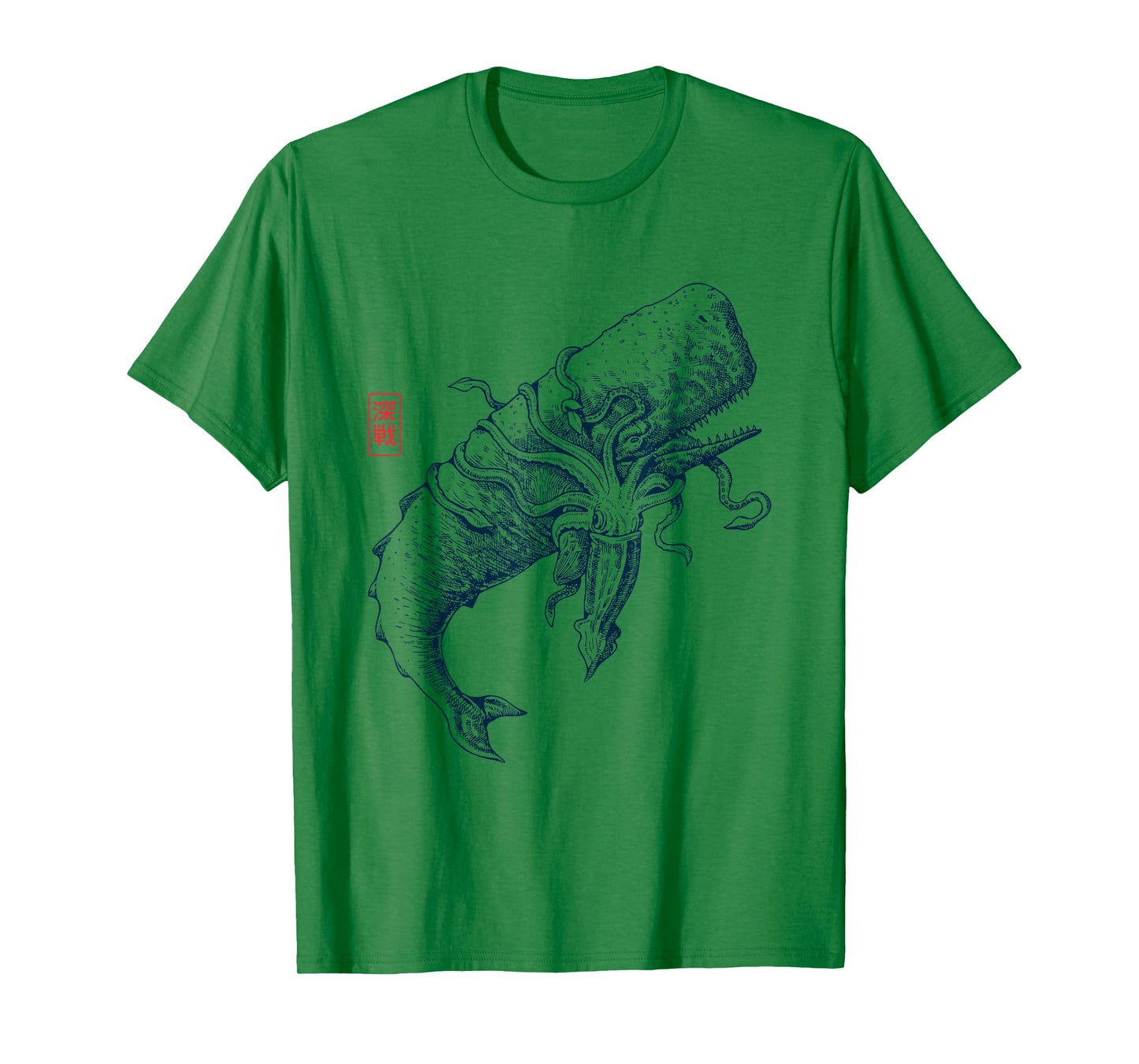 Whale vs. Squid / Vintage Ocean Design with Kanji Stamp T-Shirt