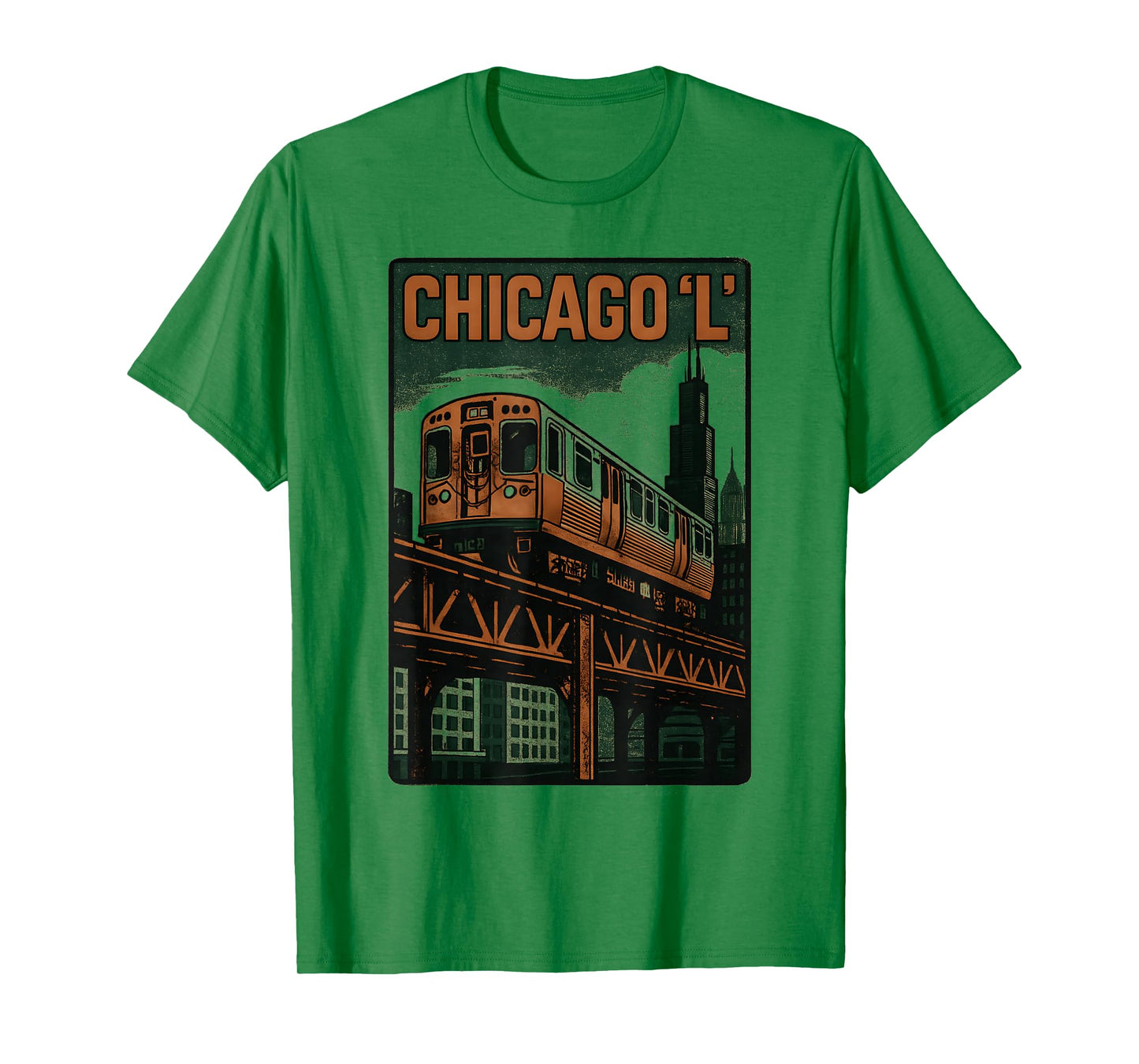 Chicago L Train Retro City Transit Urban Skyline Artwork T-Shirt