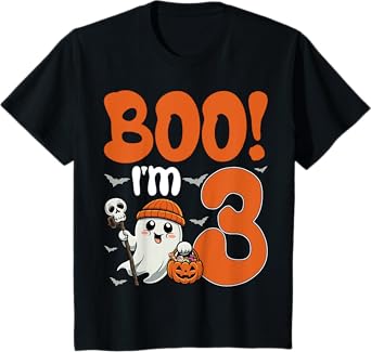 Kids Boo I'm 3 Halloween Spooky Pumpkin 3rd Birthday Party Kids T-Shirt