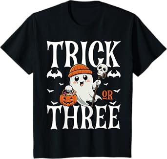 Kids Trick or Three Halloween Spooky Pumpkin 3rd Birthday Kids T-Shirt