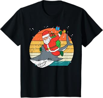 Kids Santa Riding Shark Xmas Pajamas Toddler Boys Christmas PJs T-Shirt