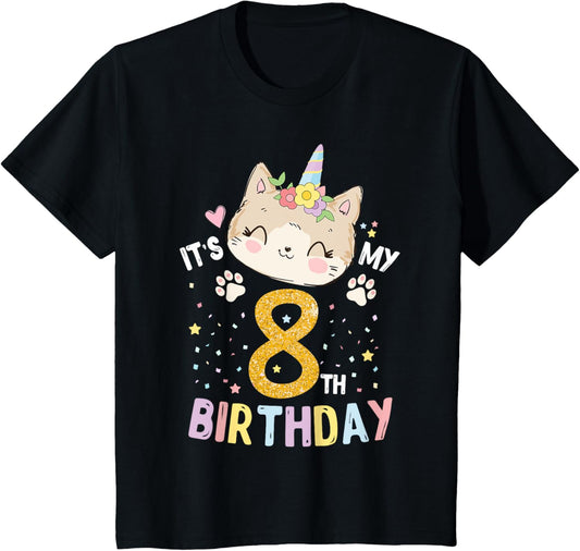 Kids It’s My 8th Birthday Cute Unicorn Cat 8-Year-Old Girl T-Shirt