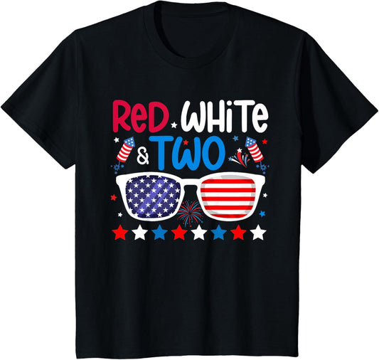 Kids Red White & Two 2nd Birthday 4th Of July 2nd Birthday Party T-Shirt