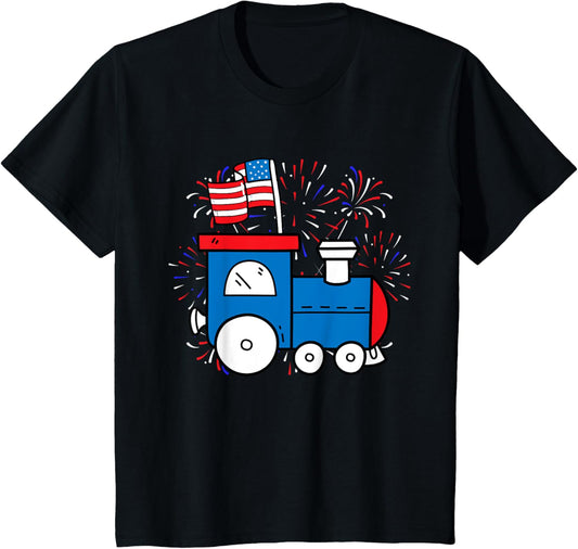 Kids American Flag Train 4th Of July Cute Patriotic Boys T-Shirt