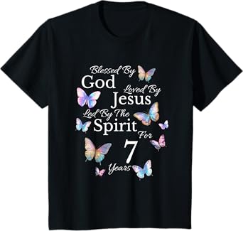 Kids Blessed By God Loved By Jesus For 7 Years Old 7th Birthday T-Shirt