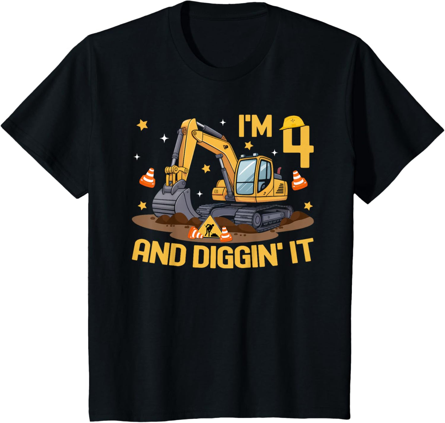 Kids 4th Birthday Gifts Boy Girl Excavator Construction Vehicle T-Shirt