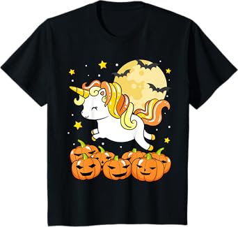 Kids Girls Unicorn Halloween Jack O Lantern Moon Pumpkin Toddler T-Shirt