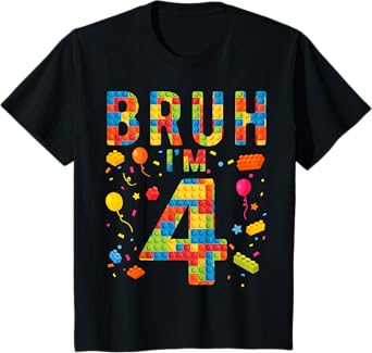 Kids 4 Year Old Building Blocks Bruh 4th Birthday Boy T-Shirt
