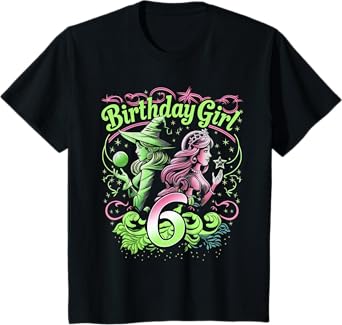 Kids 6th Birthday Witch Pink And Green 6 Years Old Birthday Girls T-Shirt