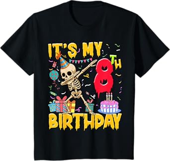 Kids It's My 8th Birthday Party Halloween Skeleton Birthday T-Shirt