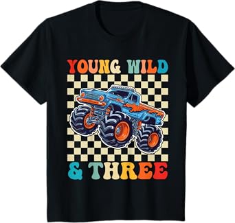 Kids 3rd Birthday Monster Truck Young Wild And Three 3 Year Old T-Shirt