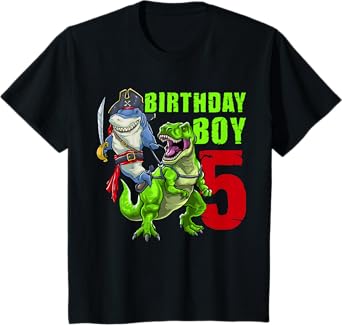Kids 5th Birthday Boy 5 Years Old Dinosaur Pirate Shark T-Shirt