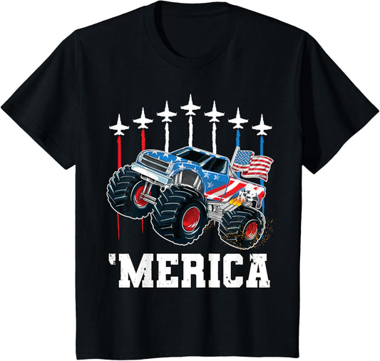 Kids Monster Truck USA Flag Patriotic Toddlers Boys 4th of July T-Shirt