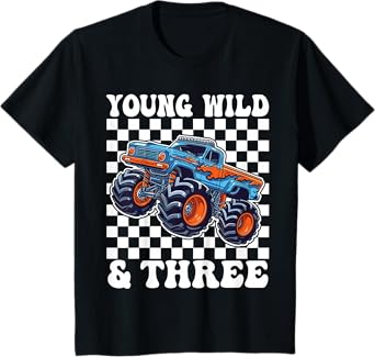 Kids 3rd Birthday Monster Truck Young Wild And Three 3 Year Old T-Shirt