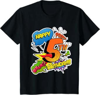Kids Happy 5th Birthday Boys Comic Style superpower Superheroes T-Shirt