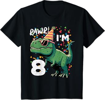 Kids 8th Birthday Trex Rawr Im 8 Years Old Bday Dino Boys Kids T-Shirt